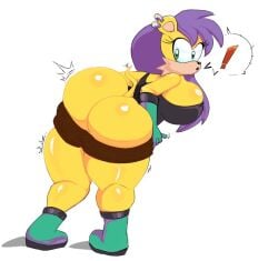anthro archie_comics ass big_breasts big_butt boots bottomwear breasts clothing ear_piercing ear_ring eulipotyphlan exclamation_point female footwear gloves green_eyes hair handwear herpestid huge_breasts huge_butt long_hair looking_back mammal mina_mongoose mongoose piercing purple_hair ring_piercing sega shirt shoes shorts solo sonic_(series) sonic_the_hedgehog_(archie) sonic_the_hedgehog_(comics) sonic_the_hedgehog_(series) tail topwear undressing undressing_self zenosteel2099