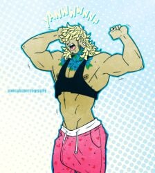 2d ashley_(thepancakehub) bulge bulge_through_clothing bulge_under_clothes early_morning long_hair pink_shorts stretching tagme tank_top tattoos thepancakehub