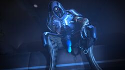 16:9 2019 3_fingers 3d alive_(artist) cock_ring collar flaccid geth hi_res humanoid looking_at_viewer machine male mass_effect penis robot sitting sofa solo source_filmmaker video_games