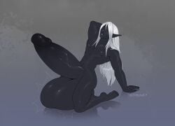 anthro balls big_balls black_body black_penis black_skin cmitchell drow elf genitals hair hi_res hyper long_ears long_hair male penis solo vore white_hair