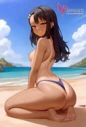 1girls 2d ai_generated areolae ass back bare_shoulders beach big_ass bikini bikini_pull black_hair blue_bikini blue_eyes brown_eyes competition_swimsuit dark_skin dark_skinned_female day erophoenix female female_focus full_body hairclip hayase_nagatoro jewelry long_hair looking_at_viewer ocean one-piece_swimsuit one-piece_tan outdoors patreon_username please_don't_bully_me,_nagatoro sitting skin_fang sky small_breasts smile solo swimsuit tan tan_body tan_lines tanline thick thick_thighs uncensored