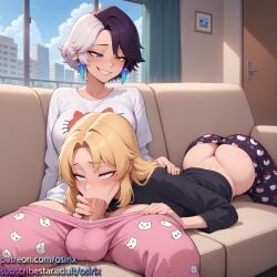 2025 2girls ai ai_art ai_generated ass ass_cleavage blowjob butt_crack color colored deepthroat fantastic_four fellatio female futanari intersex invisible_woman_(marvel_rivals) luna_snow luna_snow_(marvel_rivals) marvel marvel_rivals osirix pajama_pants self_upload stable_diffusion sue_storm susan_storm uncensored uncensored_penis