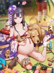 1dog 1girls bento black_eyes black_hair breast_sucking breastfeeding breastfeeding_animal bteele canine family female fetal_movement flower_in_hair human_mother_baby_animal husband_and_wife interspecies interspecies_pregnancy light-skinned_female light_skin married_couple married_to_feral my_teen_romantic_comedy_snafu onigiri pregnant puppy small_breasts wedding_ring yukinoshita_yukino zoophilia