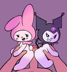 anthro darkpatito demon digital_media_(artwork) female genitals group hi_res human kuromi lagomorph leporid male male/female mammal my_melody onegai_my_melody open_mouth penis rabbit sanrio sharp_teeth simple_background size_difference teeth trio