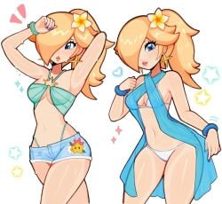 2d 2d_(artwork) 2d_artwork armpit bangs bangs_over_one_eye bare_arms bare_legs bare_midriff bare_shoulders bare_thighs belly_button bikini bikini_bottom bikini_scarf bikini_top blonde_female blonde_hair blonde_ponytail blue_bikini blue_bikini_top blue_booty_shorts blue_bracelet blue_eyes blue_thong blush blush_lines blushing_at_viewer booty_shorts bracelet cleavage ear_piercing ear_ring earring earrings eyelashes fizzeru flower flower_in_hair heart heart_sparkles hourglass_figure hourglass_figured_female lima long_hair lunch_star mario_(series) mario_kart mario_kart_world midriff mommy mushroom_kingdom nail_polish navel nintendo ponytail princess princess_rosalina purple_nail_polish purple_nails see-through see-through_clothing see-through_scarf small_boobs small_breasts smiling smiling_at_viewer sparkles sparkling sparkling_stars speech_marker star_earring star_earrings stars super_mario super_mario_bros. sweat sweatdrop sweating sweating_female sweaty sweaty_body sweaty_butt sweaty_legs sweaty_thighs thick_thighs thong thong_straps underboob video_game video_game_character video_game_franchise video_games white_background white_bikini white_bikini_bottom white_bikini_top yellow_ear_piercing yellow_earrings yellow_flower