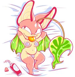 1girls anthro bat covered_in_cream covered_nipples covered_pussy female female_focus hello_from_halo_head iseenudepeople laying_on_bed peach_(fruit) peachykeen_(batshaped) pin_up semi_nude solo_female tongue_out tummy whipped_cream