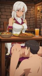 a_rank_party_o_ridatsu_shita_ore_wa_moto_oshiego-tachi_to_meikyuu_shinbu_o_mezasu ai_generated cunnilingus dark_elf elf_ears happy koihi no_panties pussy pussy_juice silk_amberwood smile under_the_table