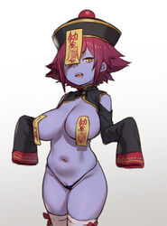 1girls blue_skin capcom cleavage clit_slip clothing cosplay darkstalkers detached_sleeves drooling fangs female female_only gradient_background hair_between_eyes hat houtengeki hsien_ko jiangshi large_breasts legwear lei-lei lei_lei looking_at_viewer navel nipple_covers ofuda open_mouth panties purple_hair pussy ribbon short_hair shortstack sidelocks simple_background skindentation sleeves_past_wrists solo spiky_hair standing stockings talisman talisman_pasties thighhighs thong white_legwear white_thighhighs yellow_eyes