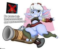 animal_ears big_ears blue_body blue_skin gun hips league_of_legends legs madmanart no_pants pussy shortstack smile smiling thick_legs thick_thighs thighs tristana vagina white_hair wide_hips yordle