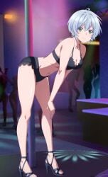 1girls ahoge bare_legs bare_shoulders bending_over black_bra black_lingerie black_panties cleavage collarbone green_eyes kikuchi_fuuka looking_at_viewer medium_breasts short_hair silver_hair standing strip_club stripper stripper_pole