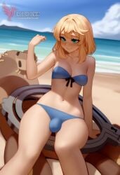 1boy 2d ai_generated ass bangs barefeet big_ass bikini blonde_hair bulge erection erection_under_clothes erophoenix feet full_body green_eyes looking_at_viewer looking_back male male_focus navel nude otoko_no_ko pale_skinned_male patreon_username penis sitting smile soles solo solo_male sweat swimsuit thick thick_thighs toes uncensored