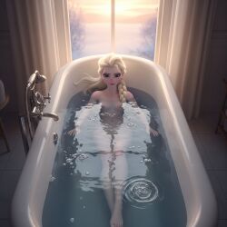 ai_generated bath bathroom bathtub blonde_hair disney disney_princess elsa_(frozen) female female_only frozen frozen_(film) frozen_2 nipples nude nude_female partially_submerged petite princess small_breasts