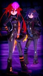 1futa 1girls 3d ambiguous_fluids blue_hair bodily_fluids breasts censored corruption dronification female glowing_eyes hand_on_hip kurome_ankokuboshi latex latex_corruption latex_suit light_skin looking_at_another looking_at_viewer neptunia_(series) penis purple_eyes red_hair skin_tight smile taihou1944 transformation twintails uzume_tennouboshi