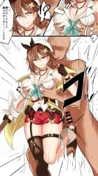 absurdres angry atelier_(series) atelier_ryza atelier_ryza_2 ball_busting bondage bow breasts brown_eyes brown_hair cbt censored cleavage clothed_female_nude_male crotch_kick grabbing_another's_breast grabbing_from_behind groping hat hat_bow highres jacket large_breasts nude penis reisalin_stout shirt surprised text translation_request watarase_piro white_shirt yellow_jacket