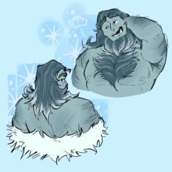 arms_behind_head arms_up bara blush bushy_eyebrows coat curly_hair date_everything freddy_yeti fridge hairy hairy_armpits hairy_arms hairy_chest hairy_male keo_korgi long_hair monster smile yeti