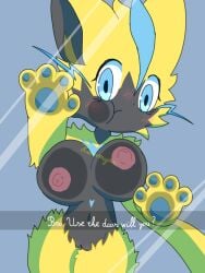 2025 3:4 4_fingers absurd_res against_surface big_breasts black_body black_fur black_nose blue_background blue_body blue_eyes blue_fur blush breasts cel_shading digital_media_(artwork) duo english_text eyelashes fingers fur generation_7_pokemon genitals hi_res ibispaint_(artwork) legendary_pokemon looking_at_viewer multicolored_body multicolored_fur navel nintendo nipples nude nude_anthro nude_female on_glass paws pink_nipples pokemon pokemon_(species) pussy shaded signature simple_background talking_to_another text thick_thighs watermark xammyxx yellow_body yellow_fur zeraora