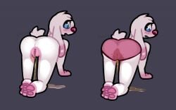 anthro ass blue_eyes blush blush_lines blushy_(artist) bodily_fluids clothing female female_peeing genital_fluids genitals golden_shower messy nude omorashi pawpads peeing peeing_on_ground pussy solo translucent translucent_clothing urine urine_on_ground watersports wet wet_clothing wetting white_body yoshiko_bunny