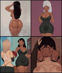 1girl1futa 1girls artist_name belly_button black_dress black_hair blowjob breasts cerez_(rocner) cleavage dark-skinned_female disney female futanari hand_on_head hawaiian interracial intersex lilo_and_stitch long_hair looking_at_another looking_at_viewer nani_pelekai oral original original_character penis point_of_view pov rocner roses shower soap soap_bubbles sucking_cock sucking_penis thick_thighs thighhighs thong towel_on_head veiny_penis wet_body