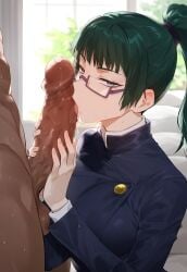 1boy 1girls ai_generated dark-skinned_male female glasses grabbing_penis grey_eyes half-closed_eyes indoors jujutsu_kaisen jujutsu_tech_uniform licking_penis male nobaralover novelai on_knees oral ponytail saliva school_uniform zenin_maki