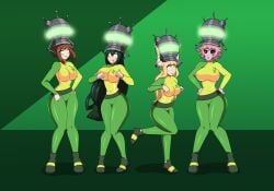 absurdres big_breasts bodysuit boku_no_hero_academia brain_injection breasts chicken_pose dancing dlobo777 expressionless female_only femsub glowing glowing_eyes green_eyes helmet huge_breasts hypnosis hypnotic_accessory jimmy_neutron_(series) large_breasts mina_ashido multiple_girls multiple_subs my_hero_academia ochaco_uraraka open_mouth pony_tsunotori tech_control thick_thighs tsuyu_asui yolkian