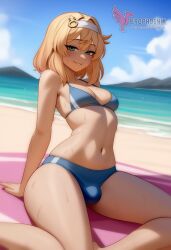 1boy 2d ai_generated ass bangs barefeet big_ass bikini blonde_hair bulge erection erection_under_clothes erophoenix feet full_body green_eyes looking_at_viewer looking_back male male_focus navel nude otoko_no_ko pale_skinned_male patreon_username penis sitting smile soles solo solo_male sweat swimsuit thick thick_thighs toes uncensored