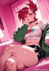 ai_generated balecxi black_choker black_skirt blush breasts crop_top crossed_legs ear_piercing earrings female foster's_home_for_imaginary_friends frankie_foster green_jacket hair_ornament lips looking_at_viewer makeup midriff navel off_shoulder patreon_username red_hair shirt sitting solo thighs