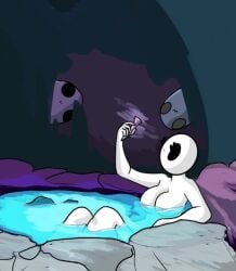 bald bald_female bath bathing black_eyes breasts cave chetoh claire_(chetoh) completely_nude egg female female_only holding_object looking_at_object naked naked_female nude nude_female oc original original_character water white_body