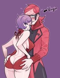 1boy 1girls ass ass_cleavage ass_grab back bleedingpervert blush breasts butt_crack clothed courtney_(pokemon) courtney_(pokemon_oras) english_text female glasses half-closed_eyes human human_only lipstick looking_back male maxie_(pokemon) nintendo pokemon pokemon_oras pokemon_rse purple_eyes purple_hair red_eyes red_hair short_purple_hair straight sweater team_magma text thick_thighs virgin_killer_sweater wide_hips zoe_stanley