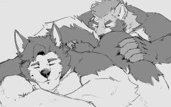 16:10 2023 alaskan_malamute anthro basch beard bed canid canine canis claws closed_eyes domestic_dog duo facial_hair felid finger_claws fingerless_(marking) fur furniture hand_on_another's_butt hand_on_butt lion lying male male/male mammal monochrome multicolored_body multicolored_fur nordic_sled_dog on_bed on_front orion_(aluminemsiren) pantherine rimming_male spitz tail two_tone_body two_tone_fur widescreen