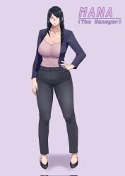 2d_artwork beauty_mark beauty_mark_under_mouth black_hair blouse boss breasts_bigger_than_head brown_hair brunette_female brunette_hair cleavage curvy dark_hair female female_focus female_only glasses glasses_on_face hand_on_hip heels huge_breasts jacket long_hair mana_(yonda545) manager milf mole mole_under_mouth office_lady pale-skinned_female pants purple_eyes serious serious_face serious_look thick_thighs wide_hips yonda545