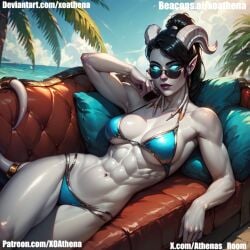 ai_generated athena athletic_female beach bikini draenei draenei_female draenei_paladin goddess monster_girl reincarnation succubus thick_thighs tiefling tiefling_girl world_of_warcraft xoathena