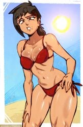 abs artist_name bangs beach big_breasts bikini bikini_bottom bikini_top biting_lip black_hair blue_sky breasts chainsaw_man cleavage crimsoncoax digital_painting female front_view full_body_view glistening_skin hairclip higashiyama_kobeni high_res hips hourglass_figure huge_thighs juicy_thighs midriff muscular_female nervous ocean original_character outdoor outdoor_setting patreon red_bikini sand sexy shiny_skin short_hair skimpy_bikini sky solo standing summer sun sunlight sweat_drops swimsuit tanned_skin thick_thighs thighs toned_abs toned_female vacation vacation_vibes visible_navel water wet wet_body wide_hips