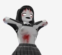 3d 3d_(artwork) 3d_model black_hair blood_stain boobs_out breasts clothes_lift cute_expression cute_pose female ghost ghost_girl ghost_girl_(slendytubbies) lifting lifting_own_clothes lifting_shirt monster_girl no_bra pale-skinned_female pale_skin school_uniform schoolgirl skinny_girl slendytubbies small_breasts small_waist white_eyes