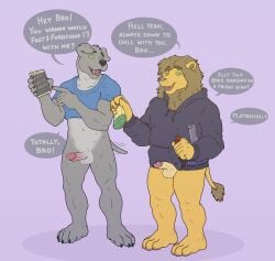 aitch anthro balls bodily_fluids bong bottomless bottomless_male canid canine canis clothed clothing domestic_dog drugs duo english_text erection felid genital_fluids genitals glans hi_res humanoid_genitalia humanoid_penis hypnosis leaking_precum lion male male/male mammal marijuana mind_control pantherine pantsless penis precum text