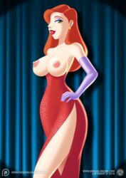 bare_legs bare_shoulders breasts breasts_out cleavage collarbone dimaar disney dress earrings eyeshadow female female_only gloves green_eyes half-closed_eyes hand_on_hip jessica_rabbit jewelry large_breasts legs lips lipstick long_hair makeup neck nipples orange_hair parted_lips purple_gloves red_dress red_lipstick side_slit smile solo standing strapless strapless_dress who_framed_roger_rabbit