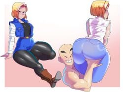 android_18 bald blonde_hair blue_eyes blush canon_couple couple dragon_ball groping_ass happy husband_and_wife krillin kuririn minicop2001 smile tagme thick_thighs