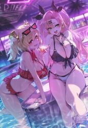 2girls ai_generated bikini blonde_hair blush bow breasts burnice_white cup earrings eyewear_on_head female frilled_bikini frills front-tie_bikini_top front-tie_top hair_ornament hairbow hairclip highres holding holding_cup jewelry large_breasts long_hair looking_at_viewer mole mole_on_breast mole_on_thigh multiple_girls navel nicole_demara open_mouth pink_hair red_eyes side-tie_bikini_bottom sitting smile swimsuit tinted_eyewear twintails yuneillusts zenless_zone_zero