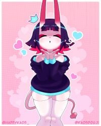 blowing_kiss femboy hoodie horns kaos_(kaosdouji) kaosdouji male oni pink_body purple_hair tail thick_thighs thighhighs