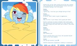 anthro blush bodily_fluids breasts equid equine excessive_pussy_juice female female/female fluttershy_(mlp) friendship_is_magic genital_fluids mammal my_little_pony one_eye_closed pussy_juice rainbow_dash_(mlp) spunkubus straight_hair text wink yuri