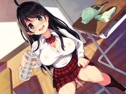 black_hair bow bra_removed breasts cleavage cum green_eyes kneehighs long_hair nipples no_bra panties_removed possible_duplicate pussy_juice ryoji_(nomura_ryouji) see_through seifuku skirt skirt_lift vibrator