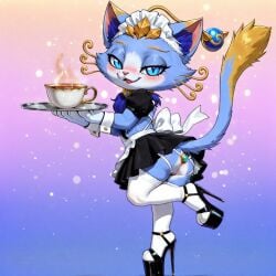 ai_generated bedroom_eyes blush buttplug buttplug_in_ass cat_ears cat_tail feline furry high_heels league_of_legends maid maid_headdress maid_outfit maid_uniform platform_heels teacup tray wrist_cuffs yuumi_(lol)