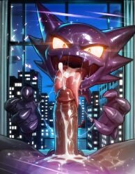 ai_generated cum_drip cumshot edit edited excessive_cum fellatio ghost glowing glowing_eyes haunter interspecies licking licking_penis male open_mouth penis pokemon pokemon_(species) pokephilia precum precum_drip precum_string sonicfreakai sweat sweating sweaty tongue tongue_out
