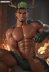 1boy ai_generated aimenlover antlers bara beard black_hair claws dragon_boy dragon_horns dragon_scales dragon_tail facial_hair fire green_hair male muscular muscular_male nude pointed_ears scales scar sitting smile spiky_hair two_tone_hair