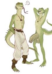 absurd_res anthro argonian balls banana_da_boi belt bethesda_game_studios bottomwear bulge clothed clothing duo foreskin genitals hi_res humanoid_genitalia jewelry looking_at_viewer male microsoft necklace nipples nude pants penis presenting reptile scales scalie simple_background skyrim solo tail the_elder_scrolls tongue tongue_out topless uncircumcised