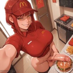 1futa ai_generated big_breasts big_penis braid braided_hair braided_ponytail burger chainsaw_man cum_on_food cumming dickgirl ejaculation erection fast_food food fries futa_on_female futa_only futanari hamburger huge_balls huge_cock intersex makima_(chainsaw_man) masturbation mcdonald's puffyart red_hair selfie stroking_penis visor_cap