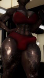 1futa 3d abs big_breasts black_hair breasts bulge bulge_through_clothing cleavage dark-skinned_futa dark_skin final_fantasy final_fantasy_xiv freyfreyxiv futa_only futanari gym gym_clothes hand_on_hip huge_breasts huge_cock indoors large_breasts muscular muscular_arms muscular_futa muscular_thighs penis_outline shiny_skin solo solo_futa sports_bra standing tattoo thick_thighs wide_hips