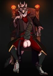 absurd_res anthro balls big_balls big_penis black_body black_fur blazar canid canine canis clothing costume dragon fur genitals halloween halloween_costume hi_res holidays hybrid kharnewolf male mammal mythological_creature mythological_scalie mythology penis pose ridged_penis scales scalie solo wolf