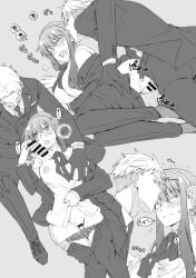 1boy black_hair blonde_hair blush breasts cleavage clothed_sex commentary_request earrings female gold_earrings gold_hairband greyscale hairband highres husband_and_wife jewelry kamimiya large_breasts limited_palette long_hair male monochrome sidelocks spy_x_family straight translation_request twilight_(spy_x_family) yor_briar