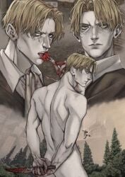 arms_behind_back ass back_muscles blonde_hair blood completely_nude eating fear_and_hunger fear_and_hunger:_termina henryk_(fear_and_hunger) knife looking_at_viewer looking_back male male_only nude pale-skinned_male pale_skin pyro_cri rear_view solo