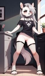 1girls 2025 ai_generated annoyed anthro bare_shoulders canine choker digitigrade ear_piercing eyeliner eyeshadow female female_only fishnet_legwear fishnets furry goth goth_girl grey_fur hair_over_one_eye hellhound helluva_boss hi_res indoors inner_ear_fluff innie_pussy long_hair loona_(helluva_boss) pussy red_sclera silver_eyes silver_hair white_fur